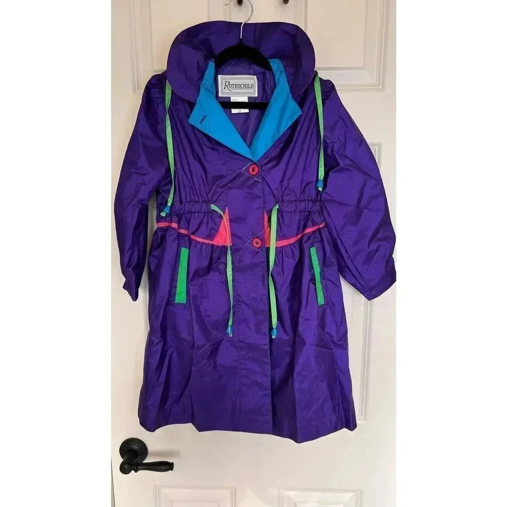 Vintage Rothschild Jacket Girls 6 Neon Purple Button Front Rain Coat 90s
